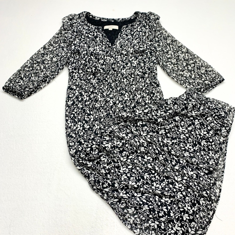 Loft Botanical Leaf Print Chiffon Midi Dress Women Sz S Black White Long Sleeve